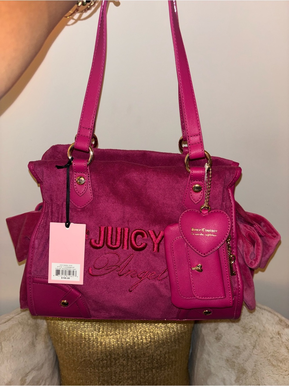 Juicy Couture Hot Pink Suede ‘Juicy Angel’ Shoulder Bag with Heart Charm